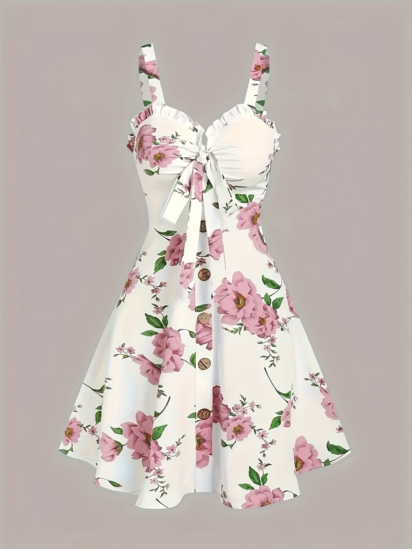 Floral Print Knotted Front Flared Dress, Elegant Sleeveless V Neck Cami Dress For Spring & Summer, Women's Clothing